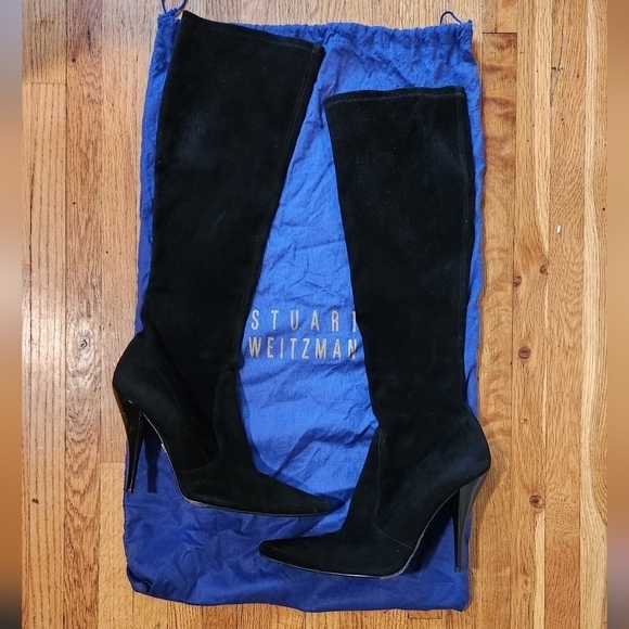 STUART WEITZMAN SUEDE KNEE HIGH POINTED TOE BOOTS BLACK 9.5 - Picture 2 of 10